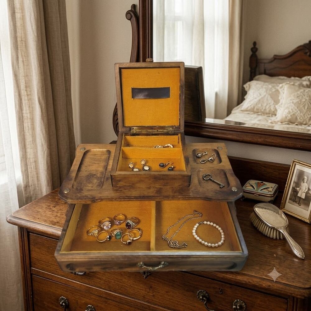 MCM tabletop valet Jewelry box Trinket Box Wood Rattan Vintage Watches rings